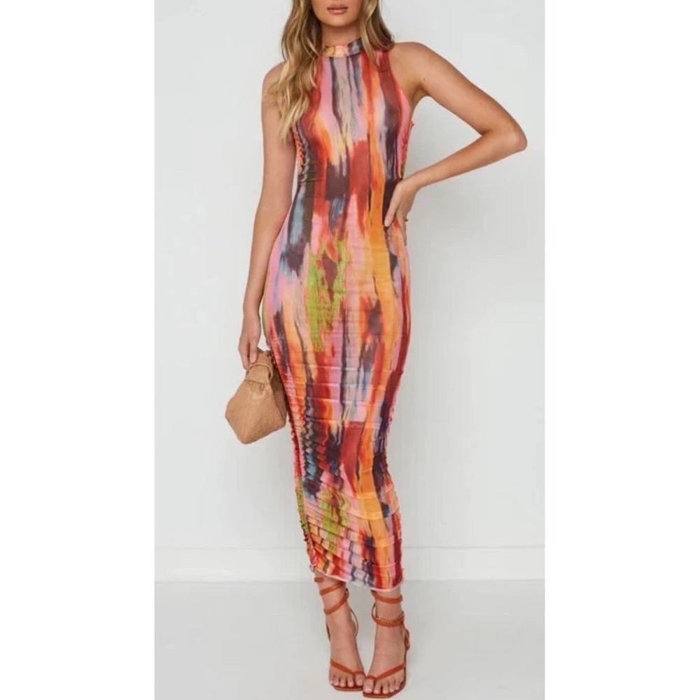 SNDYS x Molly King Dress Women US 8 Multicolor Mesh Midi Dress Bodycon